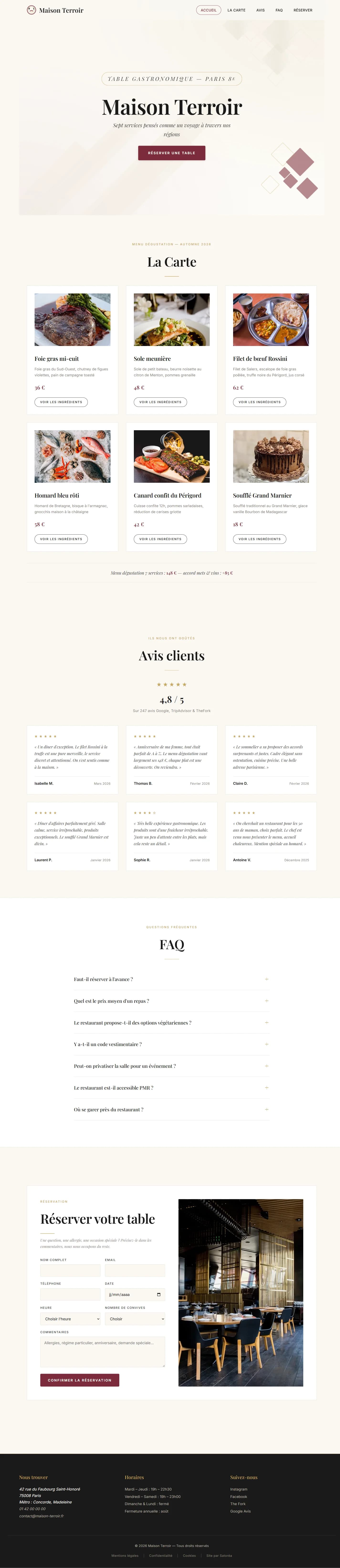 Template Maison Terroir — vue complète : hero, carte, avis, FAQ, réservation